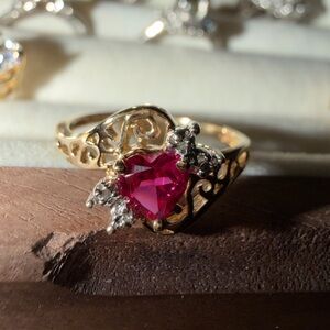 10kt solid gold red heart and natural diamonds scrollwork filigree bypass ring